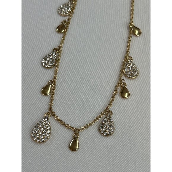 Gold Tone Teardrop Necklace Drop Clear Crystal Accents - Picture 8 of 8
